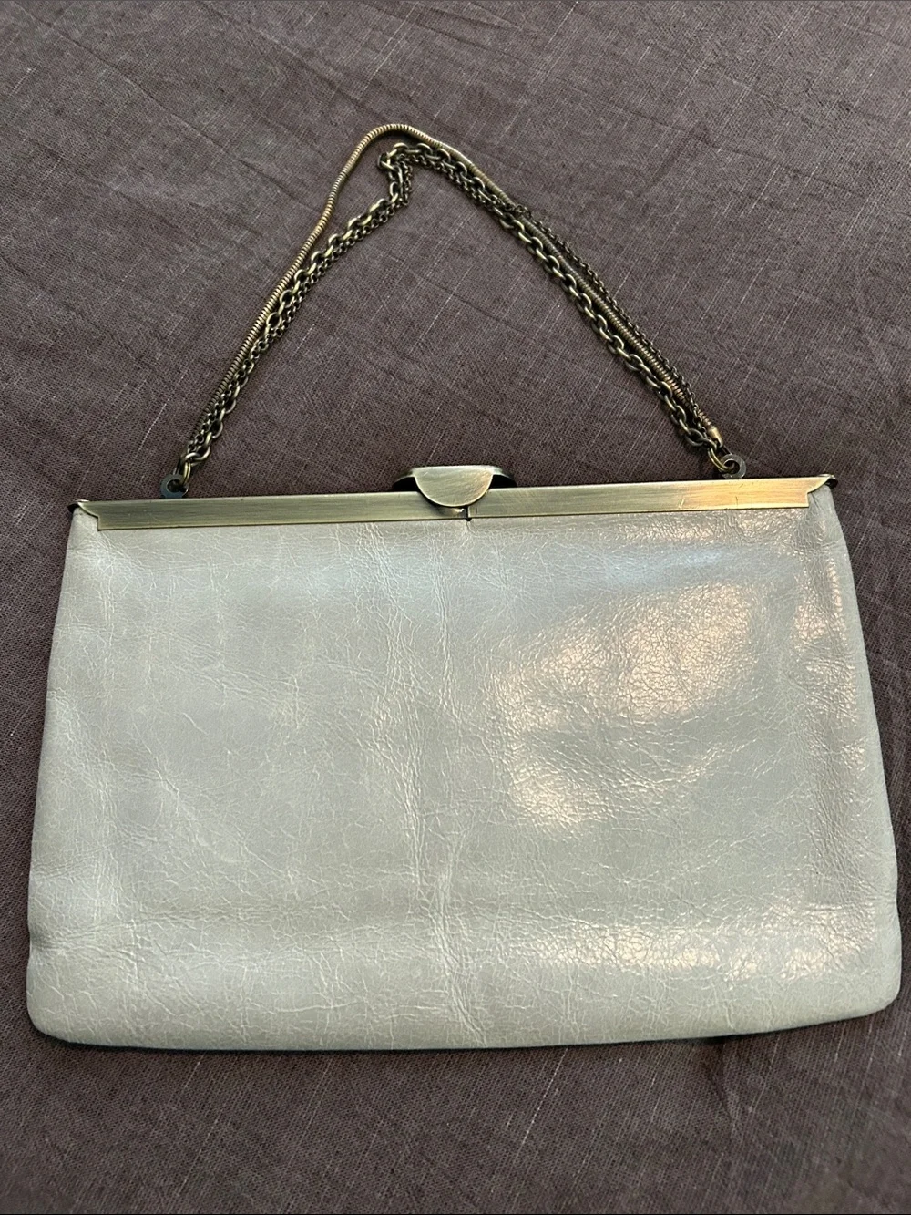 HOBO Pale Gray Leather Frame Clutch with Brass Chain - Picture 1 of 9